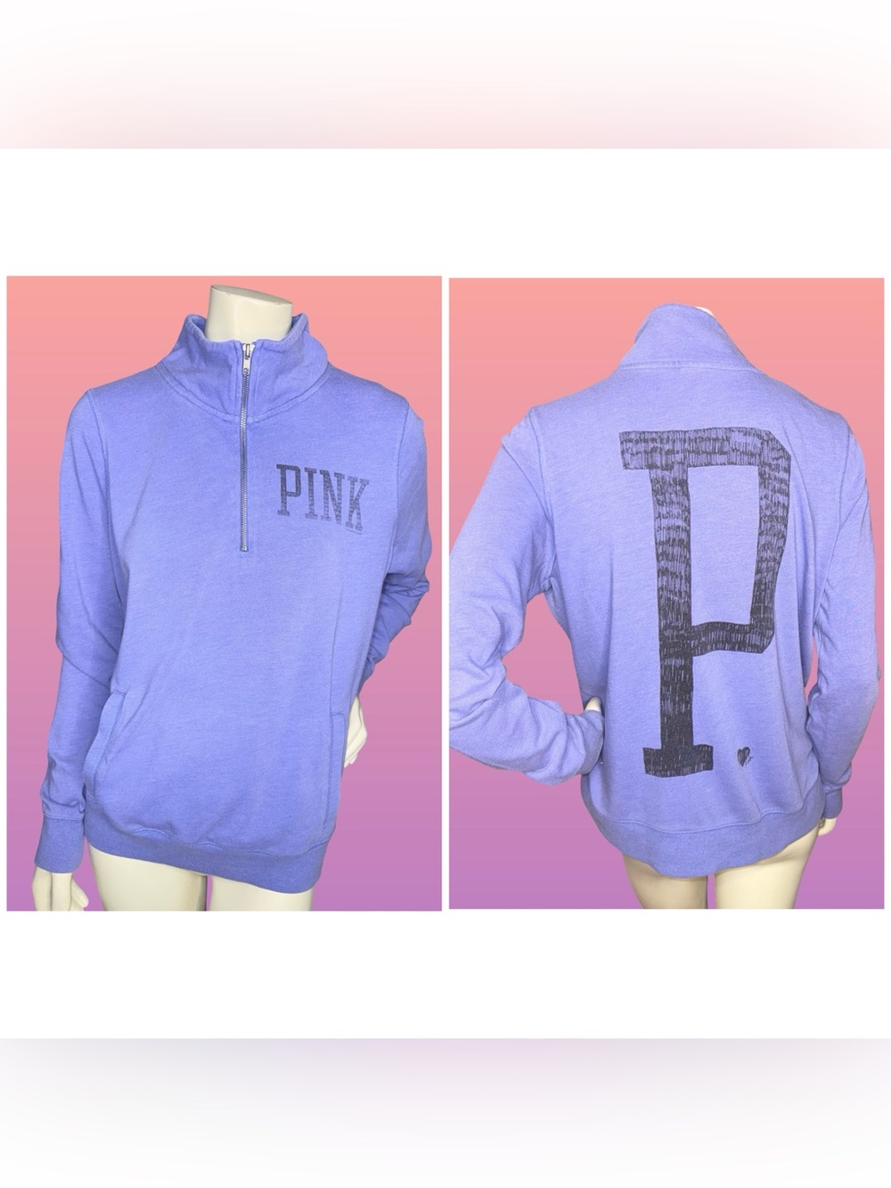 PINK Victoria's Secret Lavender Half-Zip Pullover Graphic Sweater Size L